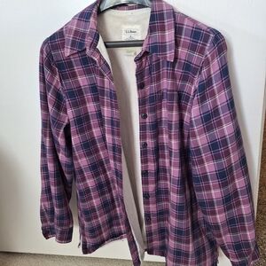 L.L. Bean Purple Plaid Flannel Shirt Sherpa Lined Shacket